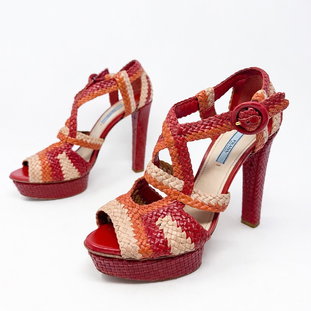 Vintage Prada Woven Leather Platform Sandals Red Orange Womens Size EU 40